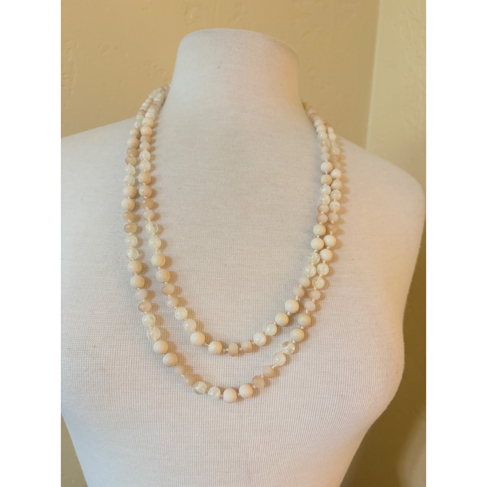 Vintage Neutral Hand Knotted Stone Glass Bead Long Strand Necklace Cream Beige